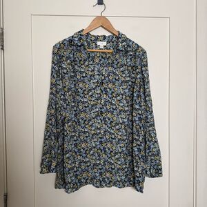 J Jill Blouse Top Womens Sz XL Blue Floral Long Sleeve V Neck Office Lightweight